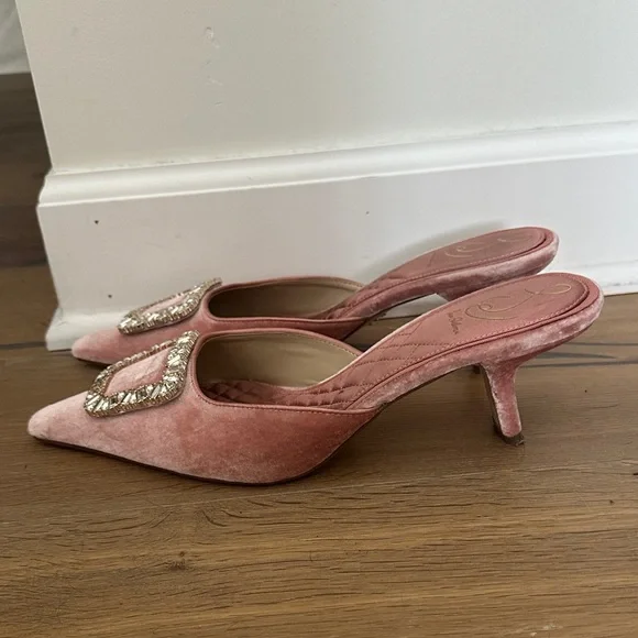 Sam Edelman Pink Velvet Mule Heels with Crystal Buckles - Picture 3 of 3
